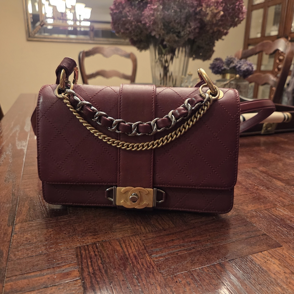 CHANEL Burgundy Crossbody Bag with Gold & Silver Chains And Leather Strap.